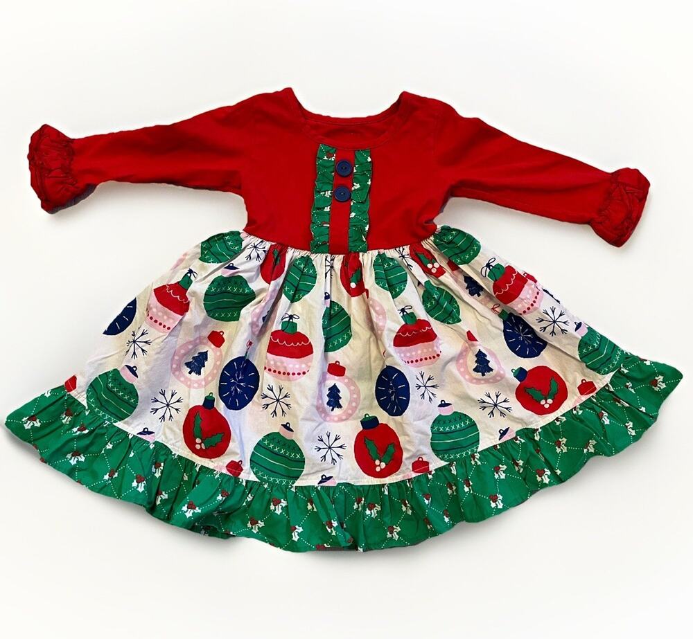Eleanor Rose Holiday Party Christmas Ruffle Red Green Ornament Retro Dress 3-4